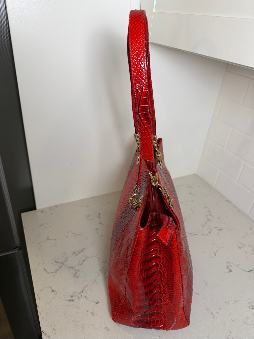 Red Snake-Embossed Shoulder Tote with Gold Hardware - Picture 4 of 14